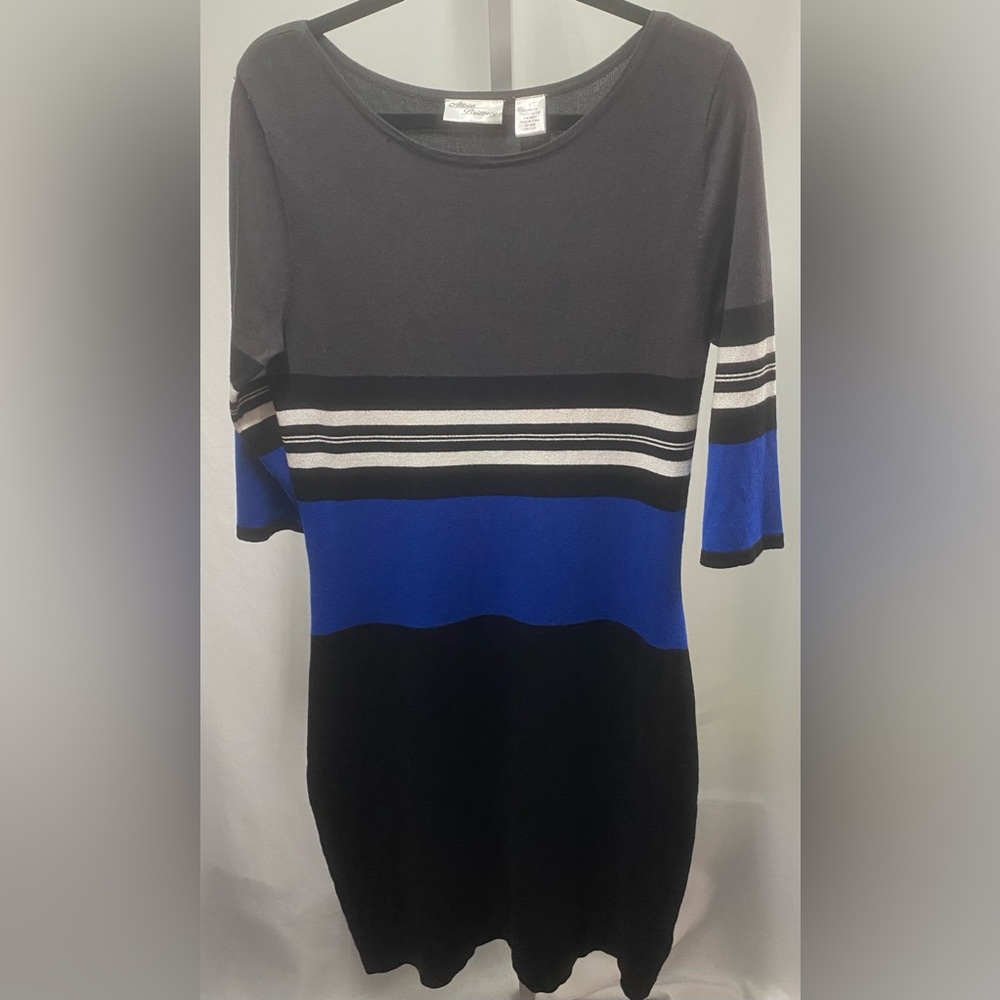 Allison Brittney Blue/Black/White Striped Sweater Dress‎ Bodycon size L